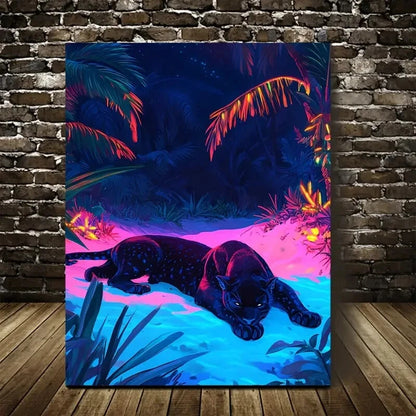 Tropical Beach Scene with Black Panther Painting 40x60cm Metal Print Ready to Hang