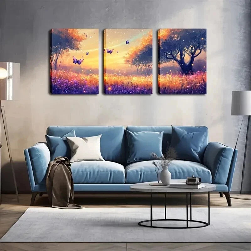 3pcs Sunset & Butterflies Landscape Painting Wall Art Set Canvas Framed 40x60cm - High Quality Print 100% Australian Made Wall Canvas Ready to Hang