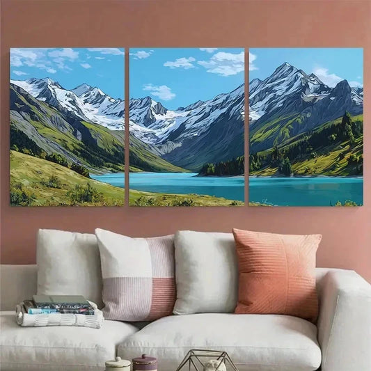 3pcs Illustrated Mountain & Glacier Land Perfect Wall Art Canvas Framed 60x90cm