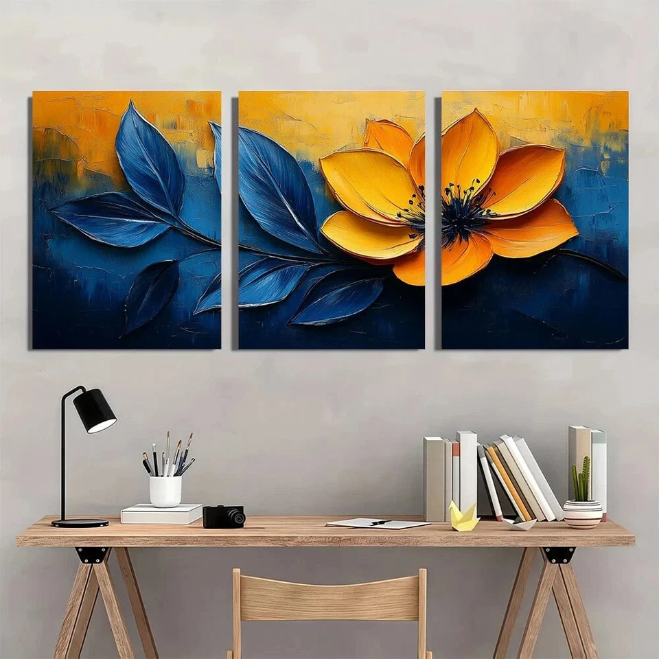 3pcs Abstract Vibrant Blue & Yellow Floral Metal Print Ready to Hang Art