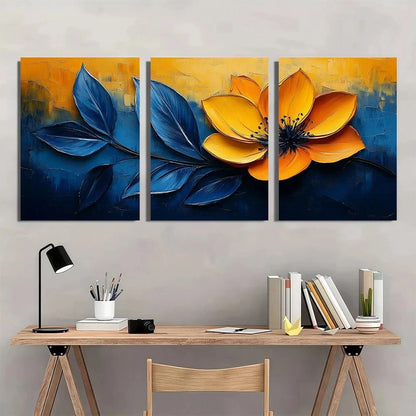 3pcs Abstract Vibrant Blue & Yellow Floral Metal Print Ready to Hang Art