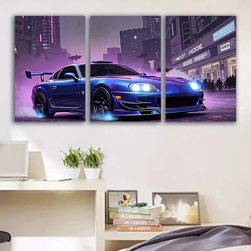 3pcs NFS Most Wanted Sports Car in Neon City Wall Art Set Canvas Framed 40x60cm - High Quality Print 100% Australian Made Wall Canvas Ready to Hang