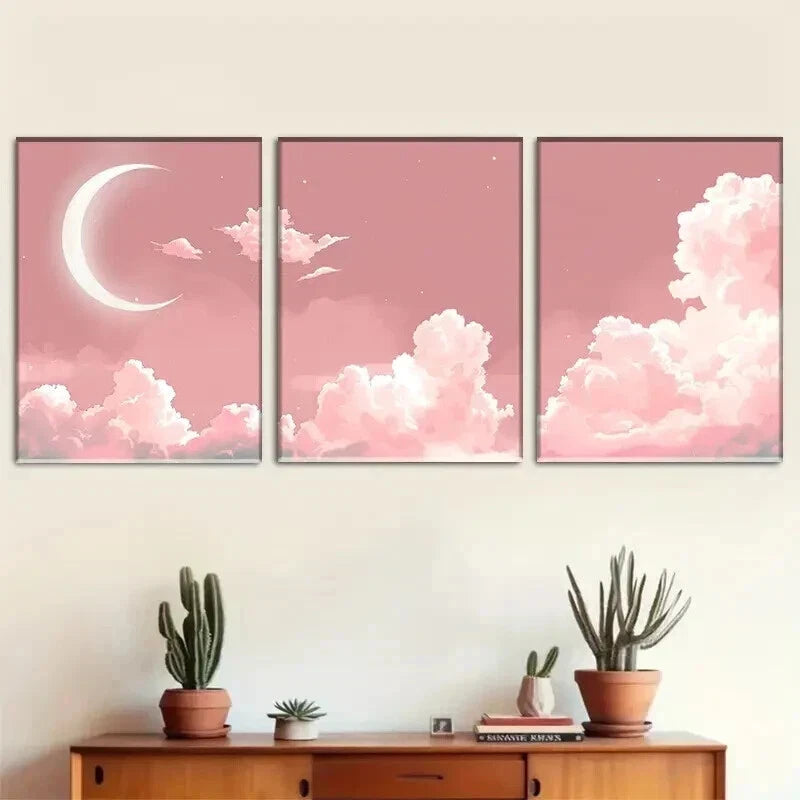 3pcs Pink Moon & Clouds Starrcy Sky Perfect Wall Art Set Canvas Framed 40x60cm - High Quality Print 100% Australian Made Wall Canvas Ready to Hang