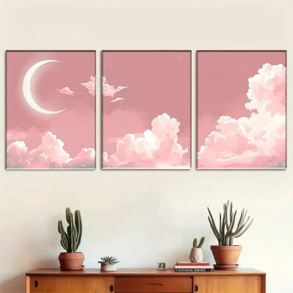 3pcs Pink Moon & Clouds Starrcy Sky Perfect Wall Art Set Canvas Framed 40x60cm - High Quality Print 100% Australian Made Wall Canvas Ready to Hang
