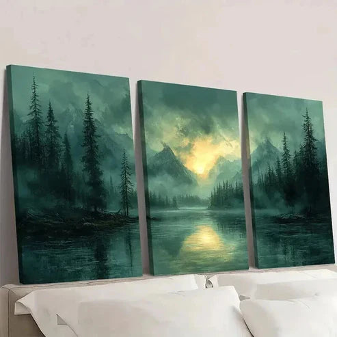 3pcs Trees Mountains & Lake Vintage Nature Wall Art Canvas Unframed - High Quality Print 100% Australian Made Wall Canvas