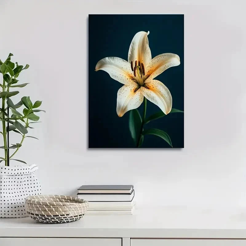 Stunning White Lily on Dark Blue Background Painting  40x60cm Metal Print Ready to Hang