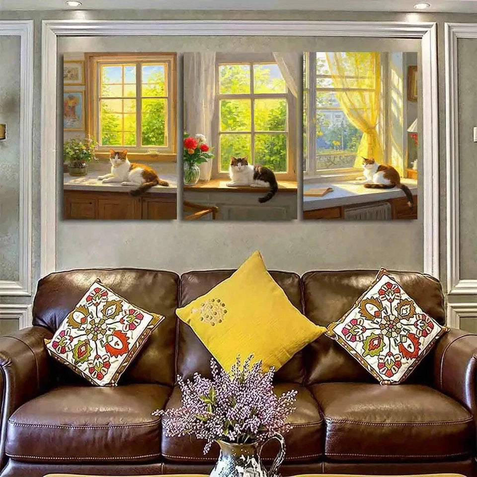 3pcs Dreamy Window Cat Abstract Metal Print Ready to Hang Art