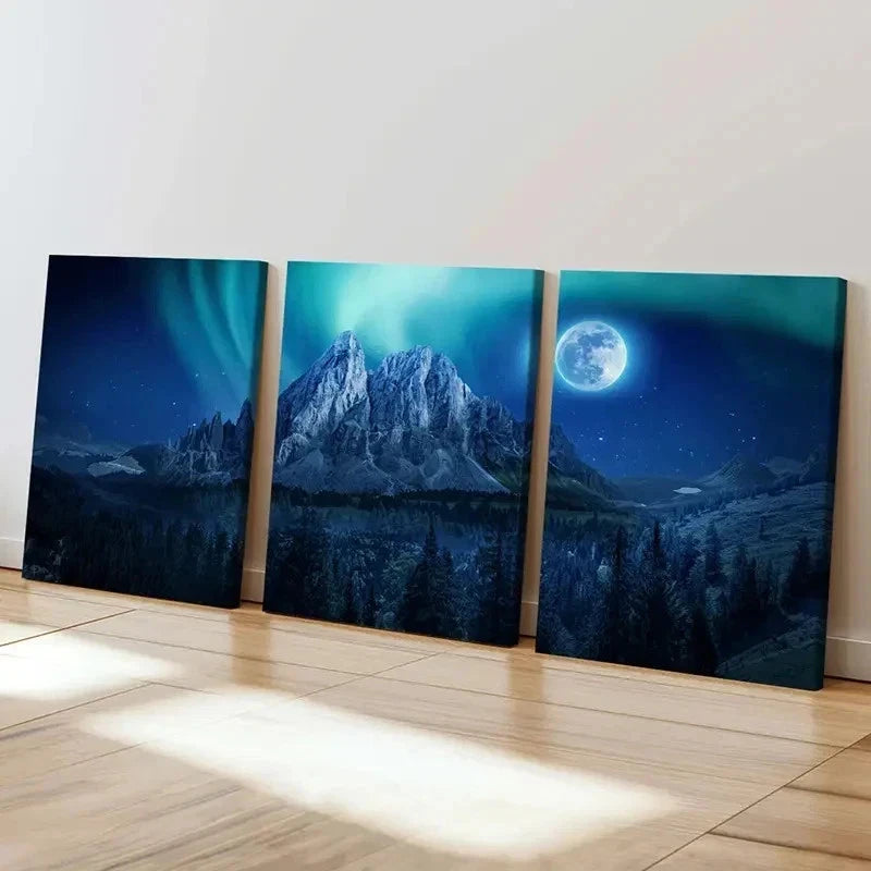3pcs Mountains Aurora Moon Nature Wall Art Set Canvas Framed 40x60cm - High Quality Print 100% Australian Made Wall Canvas Ready to Hang