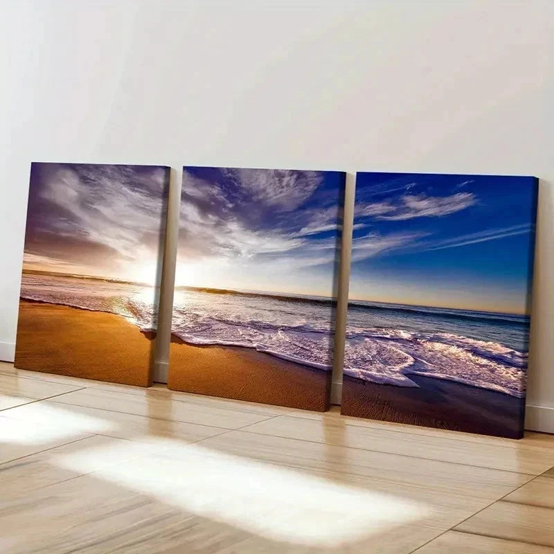3pcs Beach Art Deco Painting at Sunset Wall Art Set Canvas Framed 40x60cm - High Quality Print 100% Australian Made Wall Canvas Ready to Hang