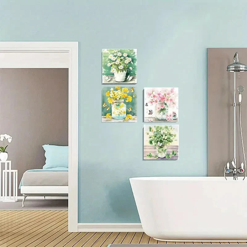 4pcs Daisies, Pink Flowers & Clover Wall Art Canvas Framed