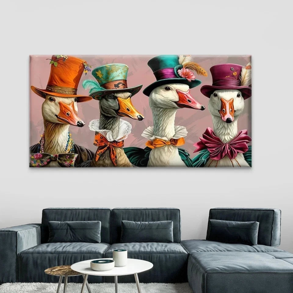 Geese in Colorful Hats & Bows Wall Art Canvas Office Home Room Framed 120x60cm
