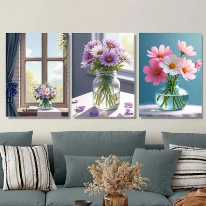 3pcs Floral Bouquet Vibrant Flowers in Vases Wall Art Set Canvas Framed 40x60cm - High Quality Print 100% Australian Made Wall Canvas Ready to Hang