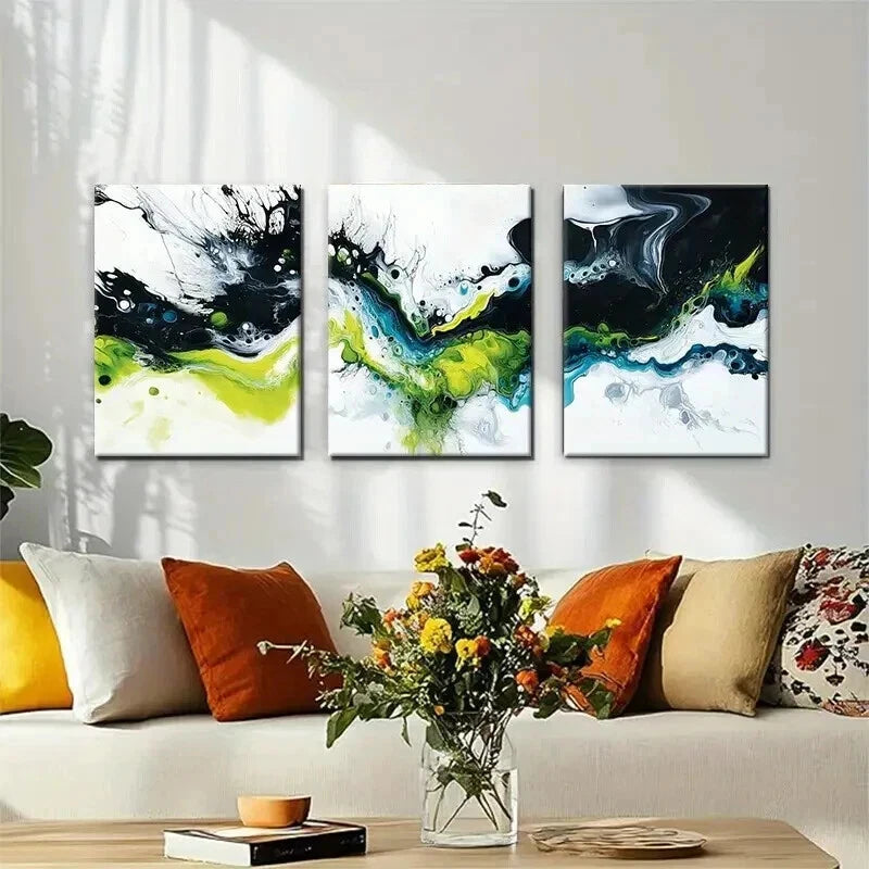 3pcs Abstract Fluid Black White Green Perfect Wall Art Set Canvas Framed 40x60cm - High Quality Print 100% Australian Made Wall Canvas Ready to Hang