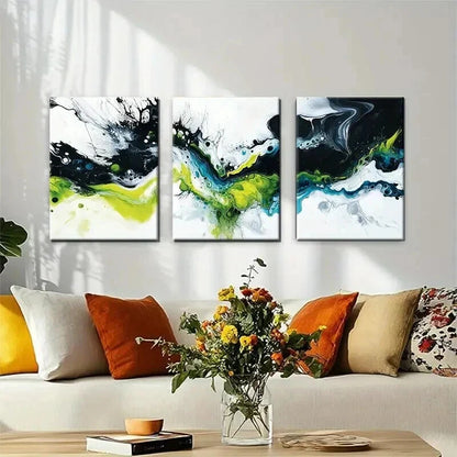 3pcs Abstract Fluid Black White Green Perfect Wall Art Set Canvas Framed 40x60cm - High Quality Print 100% Australian Made Wall Canvas Ready to Hang