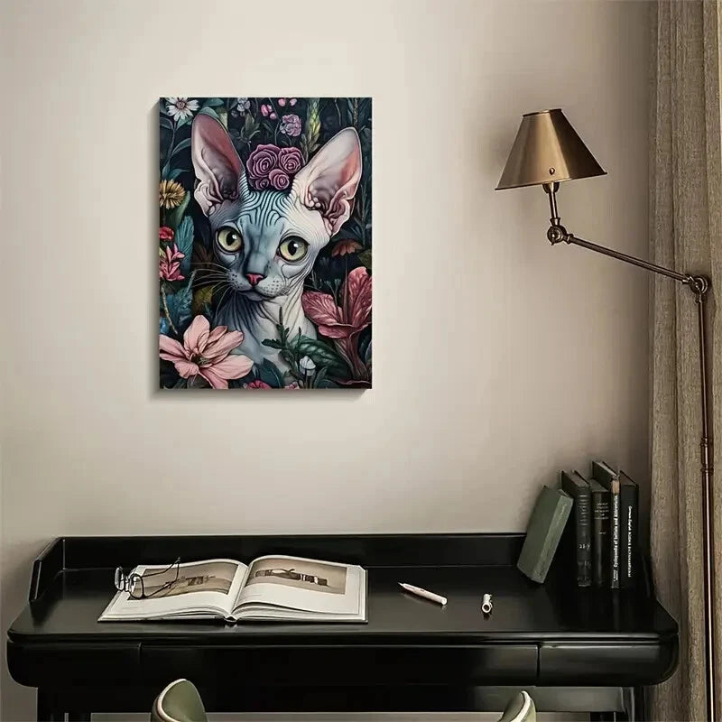 Cute Sphynx Kitten with Vibrant Flowers 40x60cm Metal Print Ready to Hang