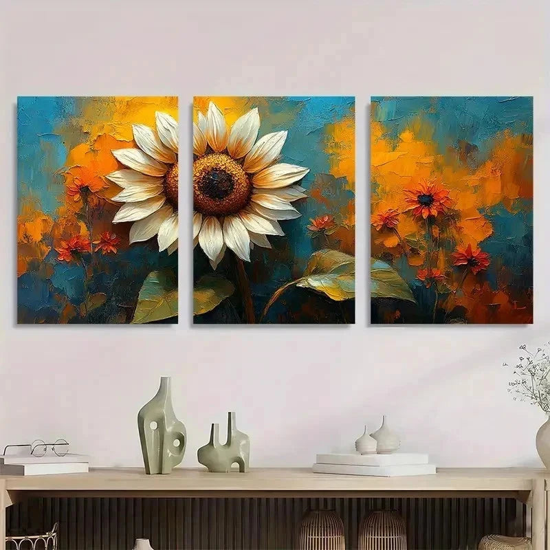 3pcs White Sunflower Vibrant Floral Perfect Wall Art Set Canvas Framed 50x70cm - High Quality Print 100% Australian Made Wall Canvas Ready to Hang