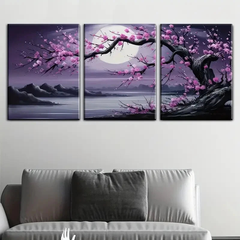 3pcs Moonlit Trees And Plum Blossoms Perfect Wall Art Set Canvas Framed 40x60cm - High Quality Print 100% Australian Made Wall Canvas Ready to Hang