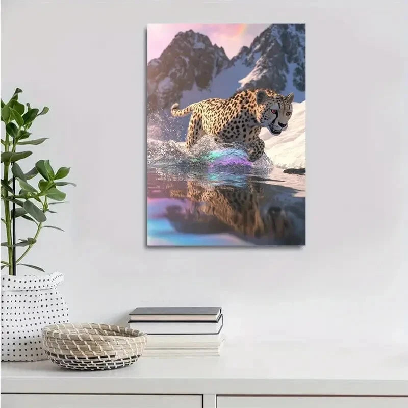 Cheetah Splashing in Water on Snowy Mountain Painting 40x60cm Metal Print Ready to Hang