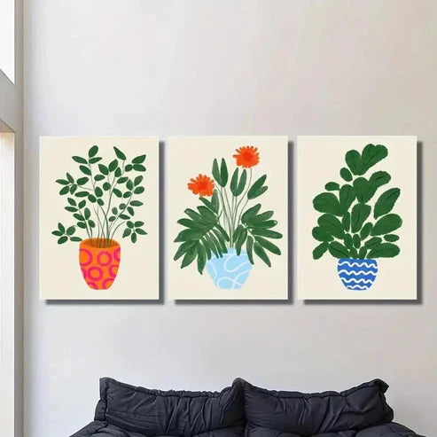 3pcs Tropical Plant Illustrations in Pots Wall Art Set Canvas Unframed - High Quality Print 100% Australian Made Wall Canvas