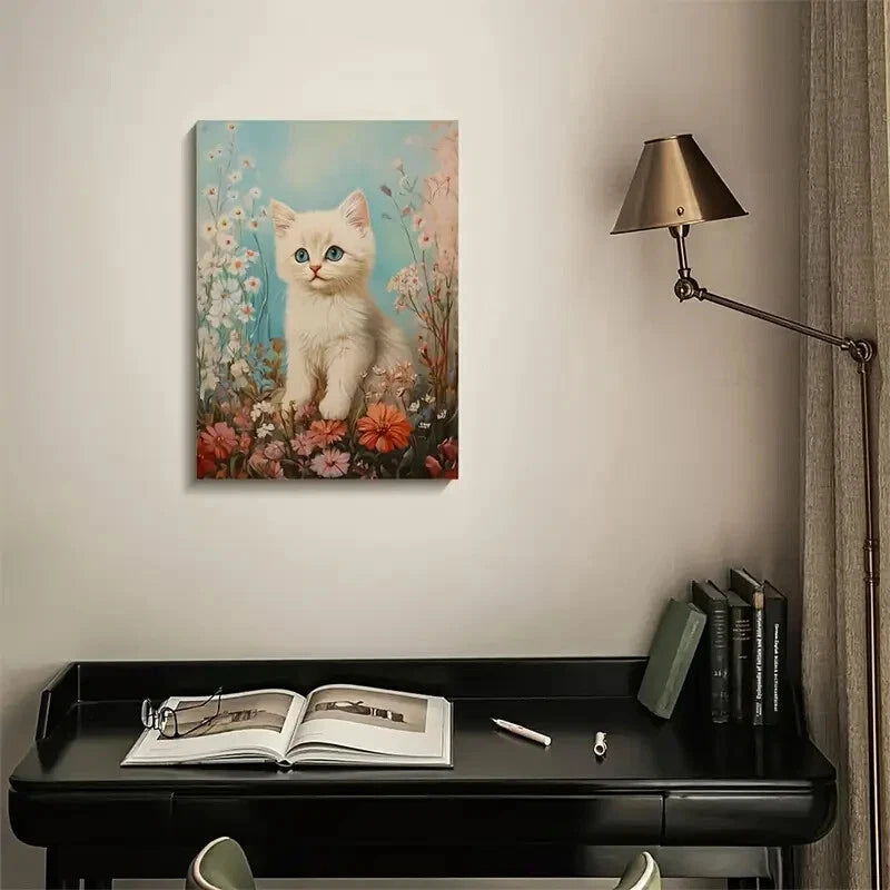 Cute Ragdoll Kitten with Flowers Painting 40x60cm Metal Print Ready to Hang