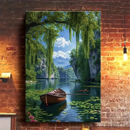 Serene Lake with Rowboat and Willows Metal Print Ready to Hang