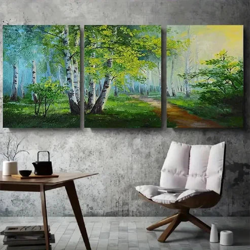 3pcs Tranquil Birch Forest Path Green Nature Wall Art Canvas Unframed - High Quality Print 100% Australian Made Wall Canvas