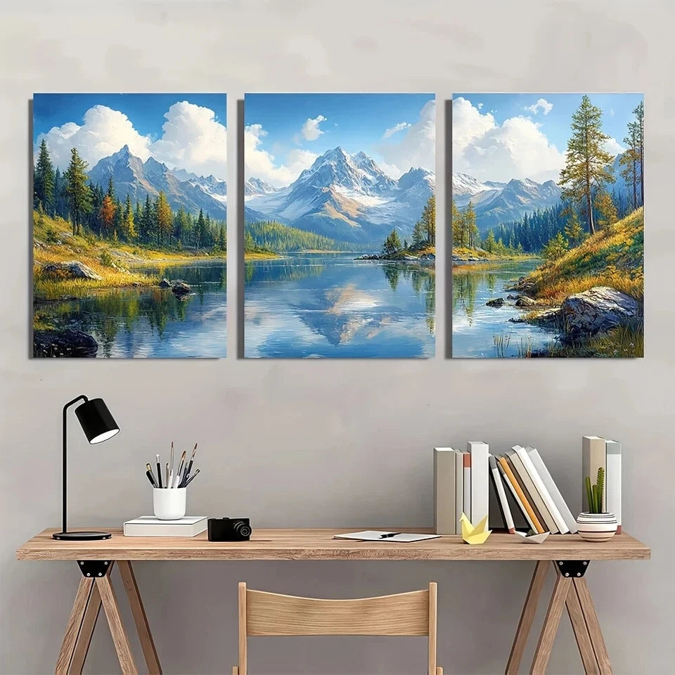 3pcs Snow Capped Peaks Reflective Waters & Lush Metal Print Ready to Hang Art