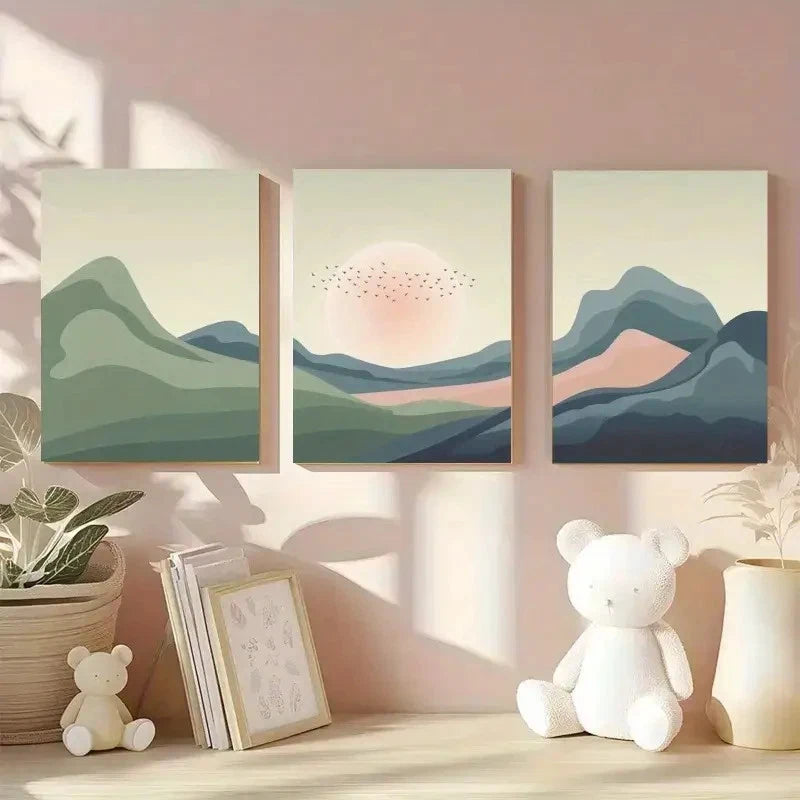 3pcs Layered Mountains Flying Birds Sun Metal Print Ready to Hang Art