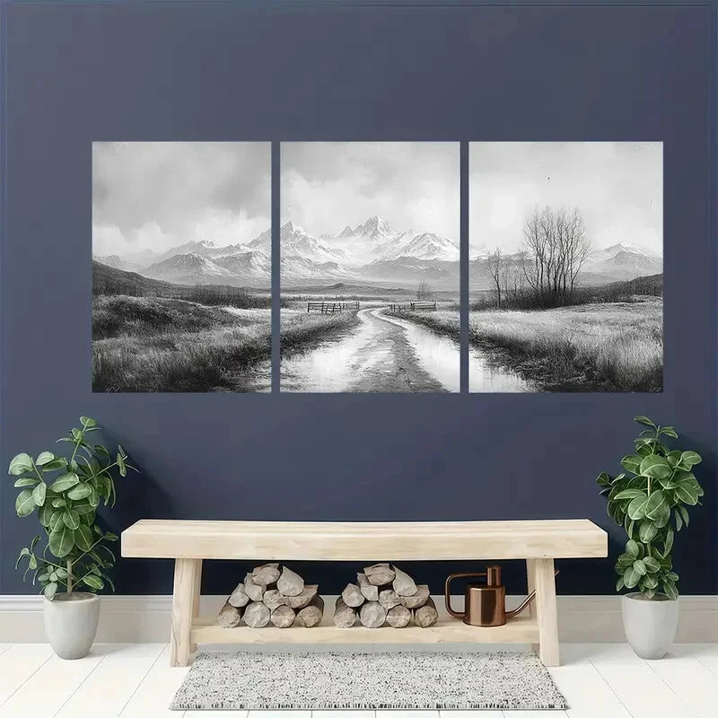 3pcs Vintage Black & White Landscape Art Metal Print Ready to Hang Art