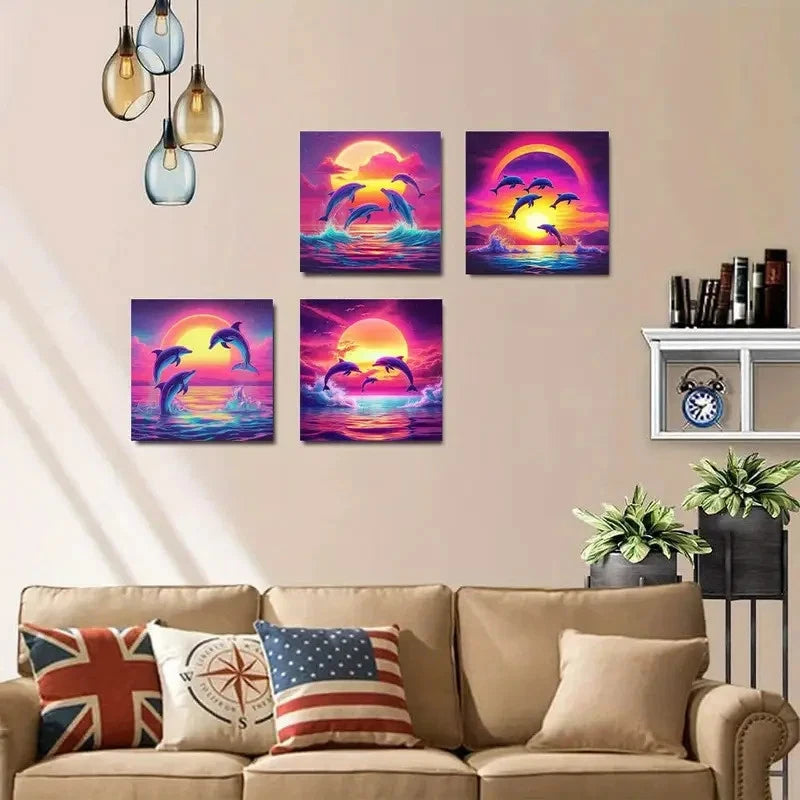4pcs Colorful Ocean Scene with Dolphins Leaping Wall Art Canvas Framed