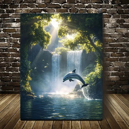 Enchanting Dolphin Fantasy Scene with Sunlit Waterfall  40x60cm Metal Print Ready to Hang