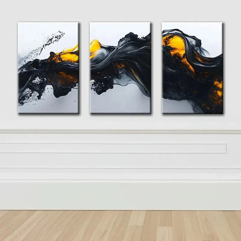 3pcs Black And Yellow Liquid Abstract Wall Art Set Canvas Framed 40x60cm - High Quality Print 100% Australian Made Wall Canvas Ready to Hang