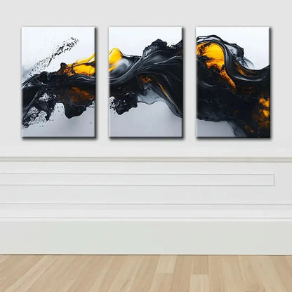 3pcs Black And Yellow Liquid Abstract Wall Art Set Canvas Framed 40x60cm - High Quality Print 100% Australian Made Wall Canvas Ready to Hang