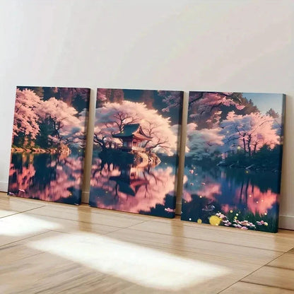 3pcs Japanese Sakura Lake Modern Wall Art Set Canvas Framed 40x60cm - High Quality Print 100% Australian Made Wall Canvas Ready to Hang