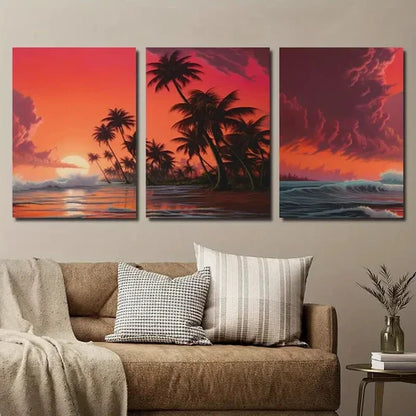 3pcs Tranquil Beach Sunset Tropical Plants Wall Art Set Canvas Unframed - High Quality Print 100% Australian Made Wall Canvas