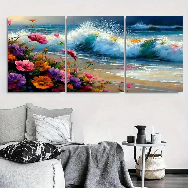 3pcs Vibrant Floral Seashore Wave Metal Print Ready to Hang Art