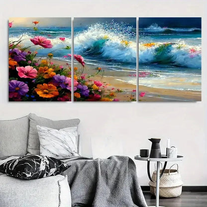 3pcs Vibrant Floral Seashore Wave Metal Print Ready to Hang Art