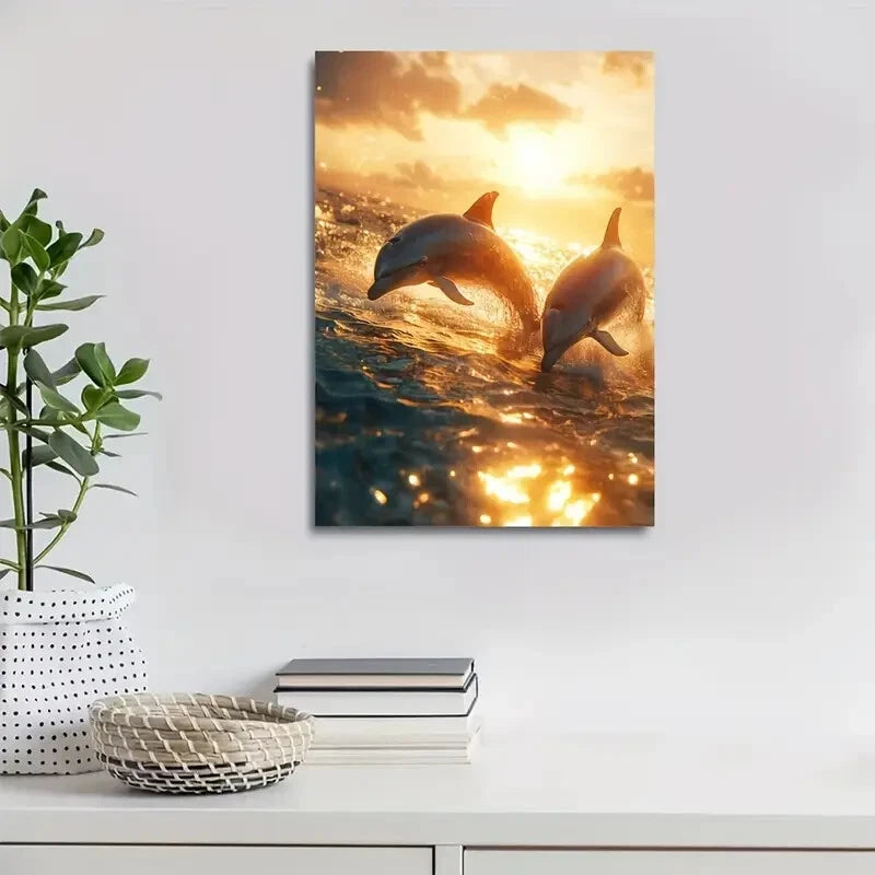 Cyberpunk Dolphins Chasing Each Other At Golden 40x60cm Metal Print Ready to Hang