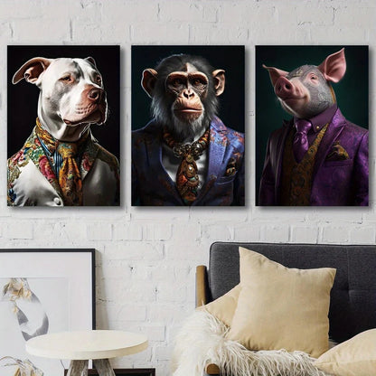 3pcs Bulldog Monkey Pig Animal Wearing Clothes Metal Print Ready to Hang Art
