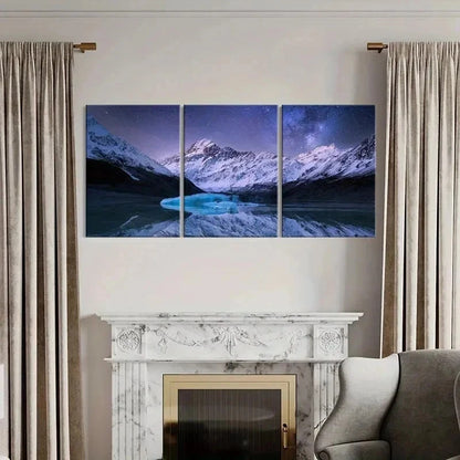 3pcs Night Scene Snowy Mountains & River  Wall Art Set Canvas Framed 40x60cm - High Quality Print 100% Australian Made Wall Canvas Ready to Hang