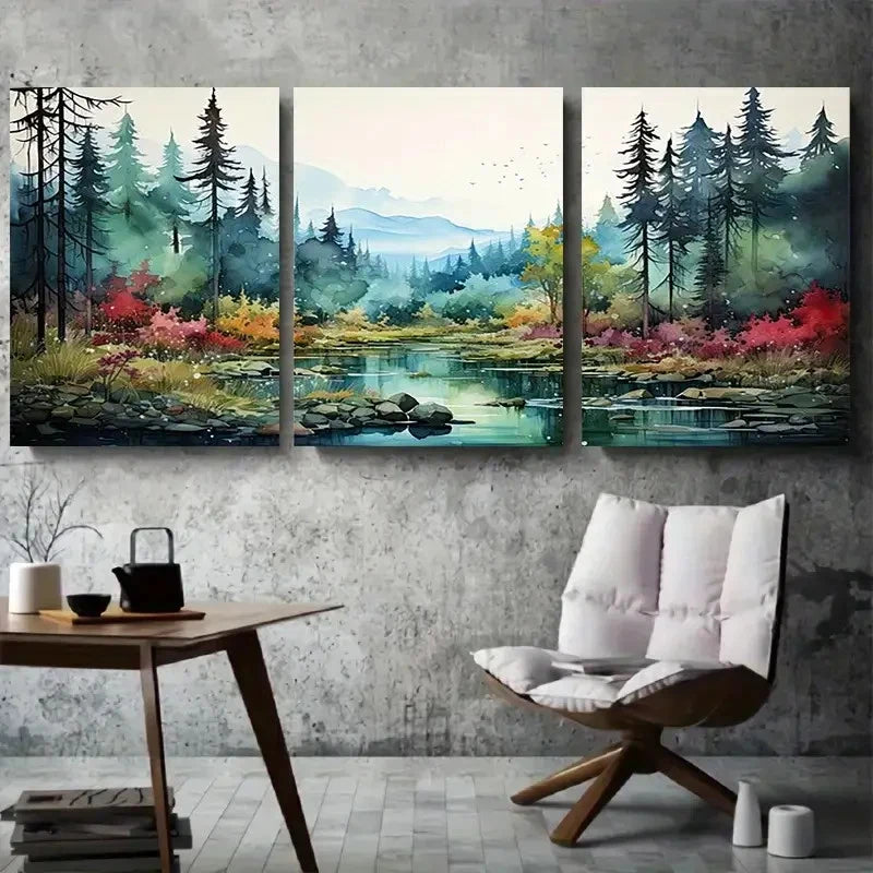 3pcs Tranquil River Forest Mountain View & Autumn Metal Print Ready to Hang Art