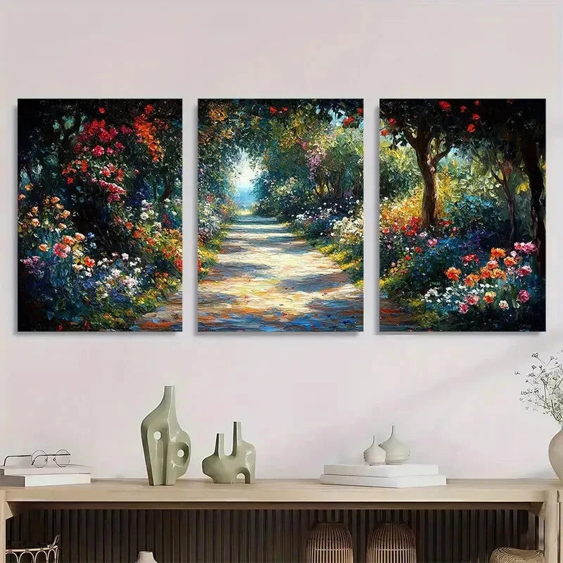 3pcs Monet Inspired Garden Vibrant Floral Metal Print Ready to Hang Art