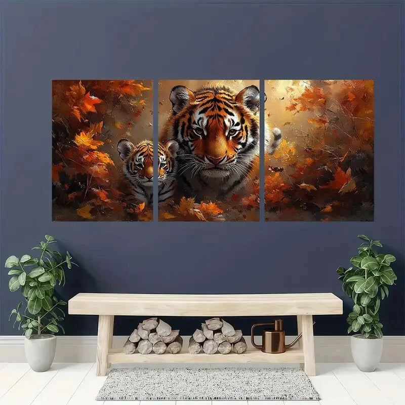 3pcs Tiger and Cub Vibrant Autumn Forest Scene Metal Print Ready to Hang Art