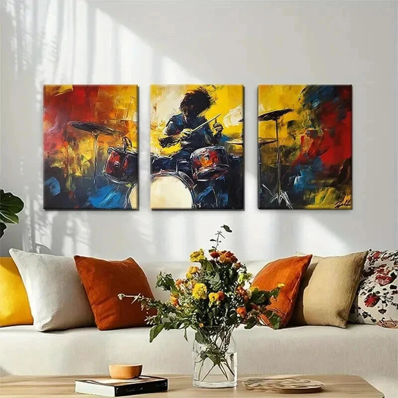 3pcs Dynamic Musician Performing Drummer Perfect Wall Art Set Canvas Framed 40x60cm - High Quality Print 100% Australian Made Wall Canvas Ready to Hang