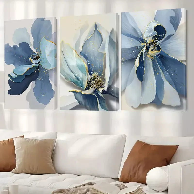 3pcs Blue Floral Canvas Wall Art Set Canvas Framed 60X90cm - High Quality Print 100% Australian Made Wall Canvas Ready to Hang