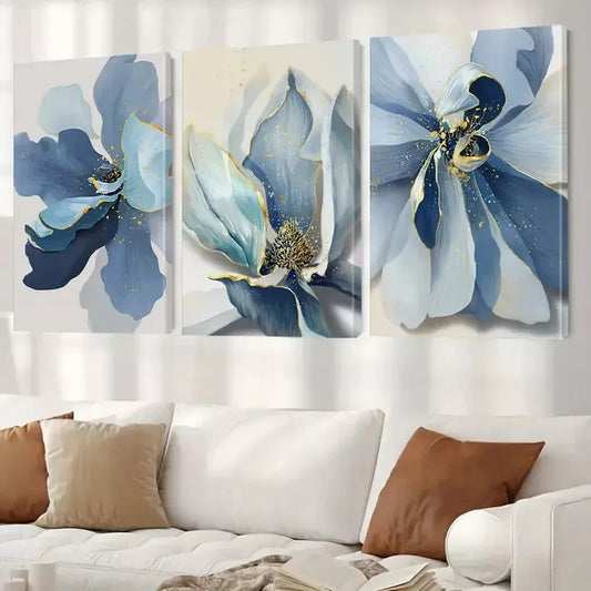 3pcs Blue Floral Canvas Wall Art Set Canvas Framed 60X90cm - High Quality Print 100% Australian Made Wall Canvas Ready to Hang