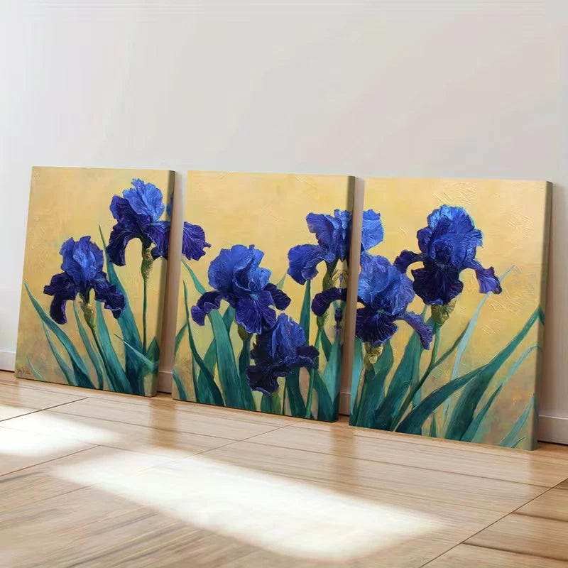 3pcs Vibrant Colors Blue Iris Flower Abstract  Wall Art Set Canvas Framed 60x90cm - High Quality Print 100% Australian Made Wall Canvas Ready to Hang