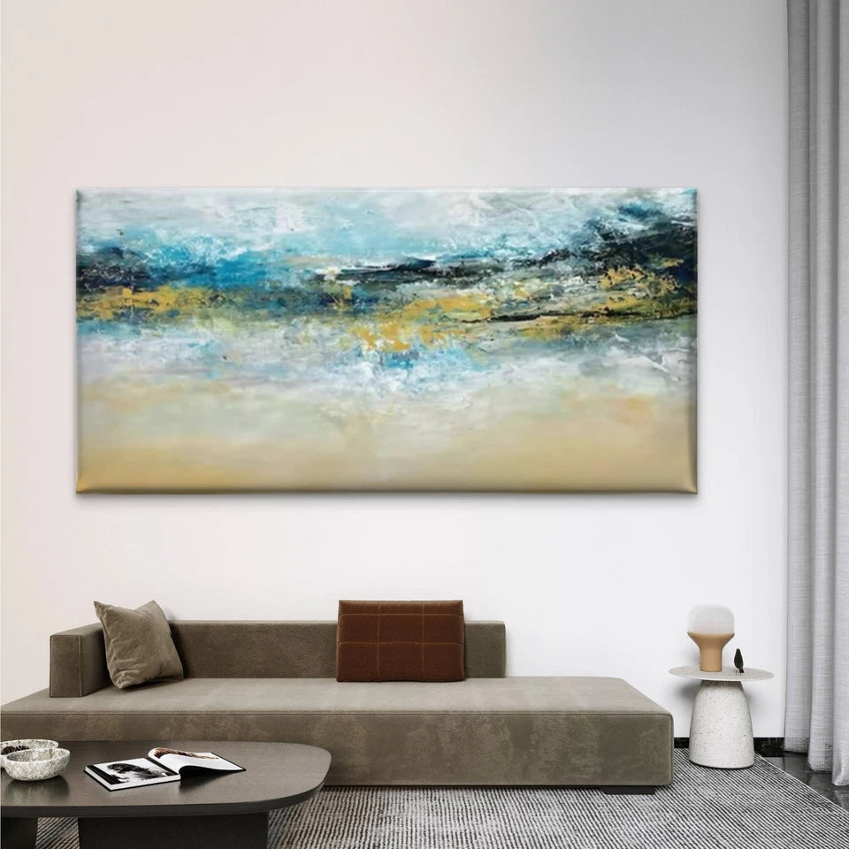 Abstract Blue Golden Beige Wall Art Canvas Office Home Room Framed 120x60cm