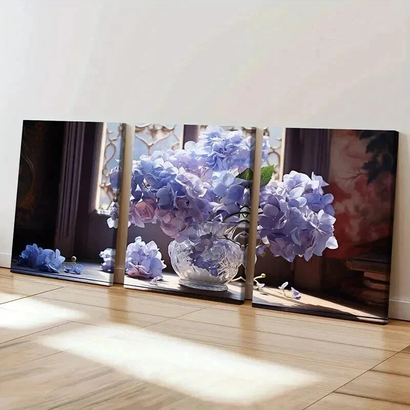 3pcs Vase Purple Flowers Hydrangeas Wall Art Set Canvas Framed 40x60cm - High Quality Print 100% Australian Made Wall Canvas Ready to Hang