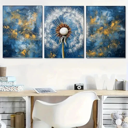 3pcs Abstract Blue And Golden Dandelion Decor Wall Art Set Canvas Unframed - High Quality Print 100% Australian Made Wall Canvas